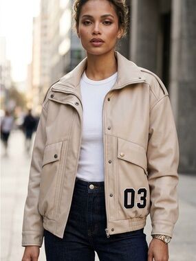 Women's Beige Varsity-Style Bomber Jacket with '03' Patch